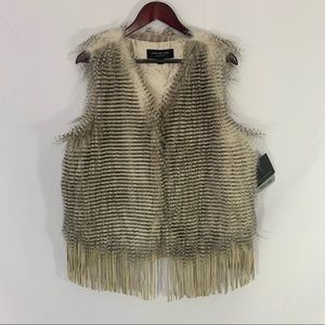 New! Marc New York Faux Fur Vest Topper Striped Fringe